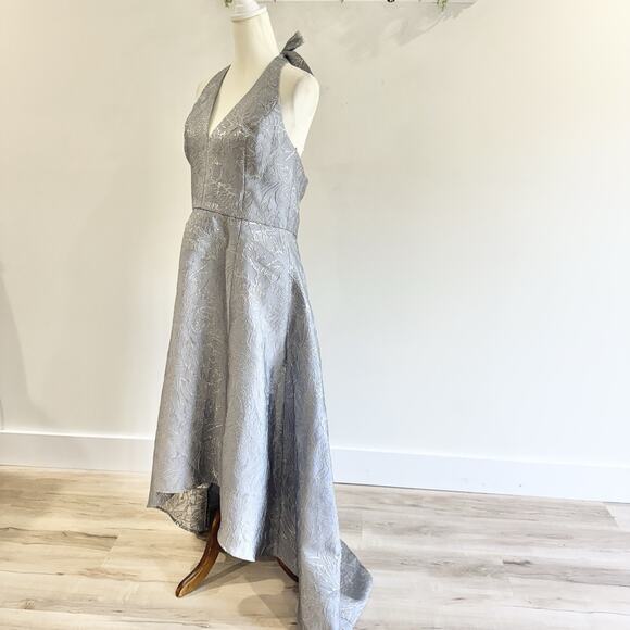 new halston heritage Silver Jaquard Halter Gown High Low Size 12 H - Picture 2 of 7